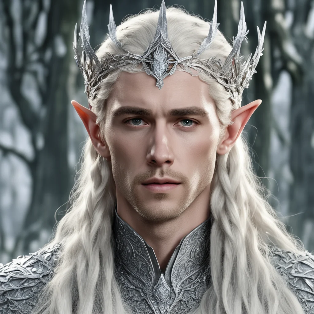king thranduil with blond hair and braids wearing silver oak leaf silver elvish circlet heavily encrusted with large diamonds with large center diamond  confident engaging wow artstation art 3