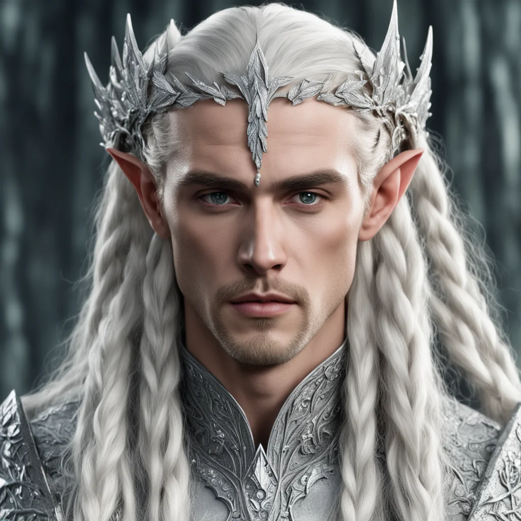 king thranduil with blond hair and braids wearing silver oak leaf silver elvish circlet heavily encrusted with large diamonds with large center diamond  good looking trending fantastic 1