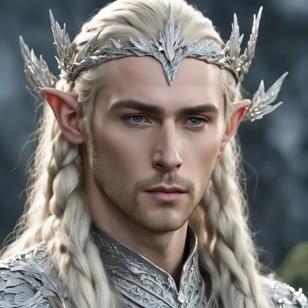 king thranduil with blond hair and braids wearing silver oak leaf silver elvish circlet heavily encrusted with large diamonds with large center diamond 