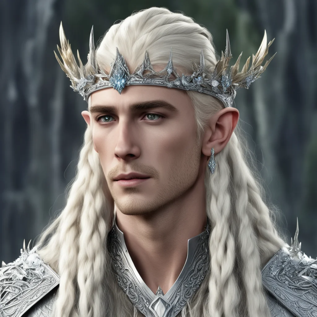 king thranduil with blond hair and braids wearing silver pine circlet encrusted with diamonds and large diamond clusters with large center diamond good looking trending fantastic 1