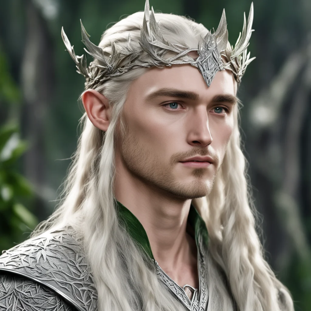 king thranduil with blond hair and braids wearing silver pine leaf elvish circlet with diamond at the center amazing awesome portrait 2