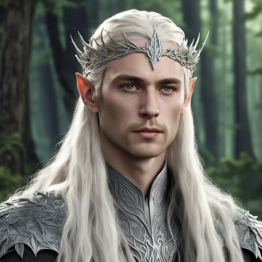 king thranduil with blond hair and braids wearing silver pine leaf elvish circlet with diamond at the center confident engaging wow artstation art 3