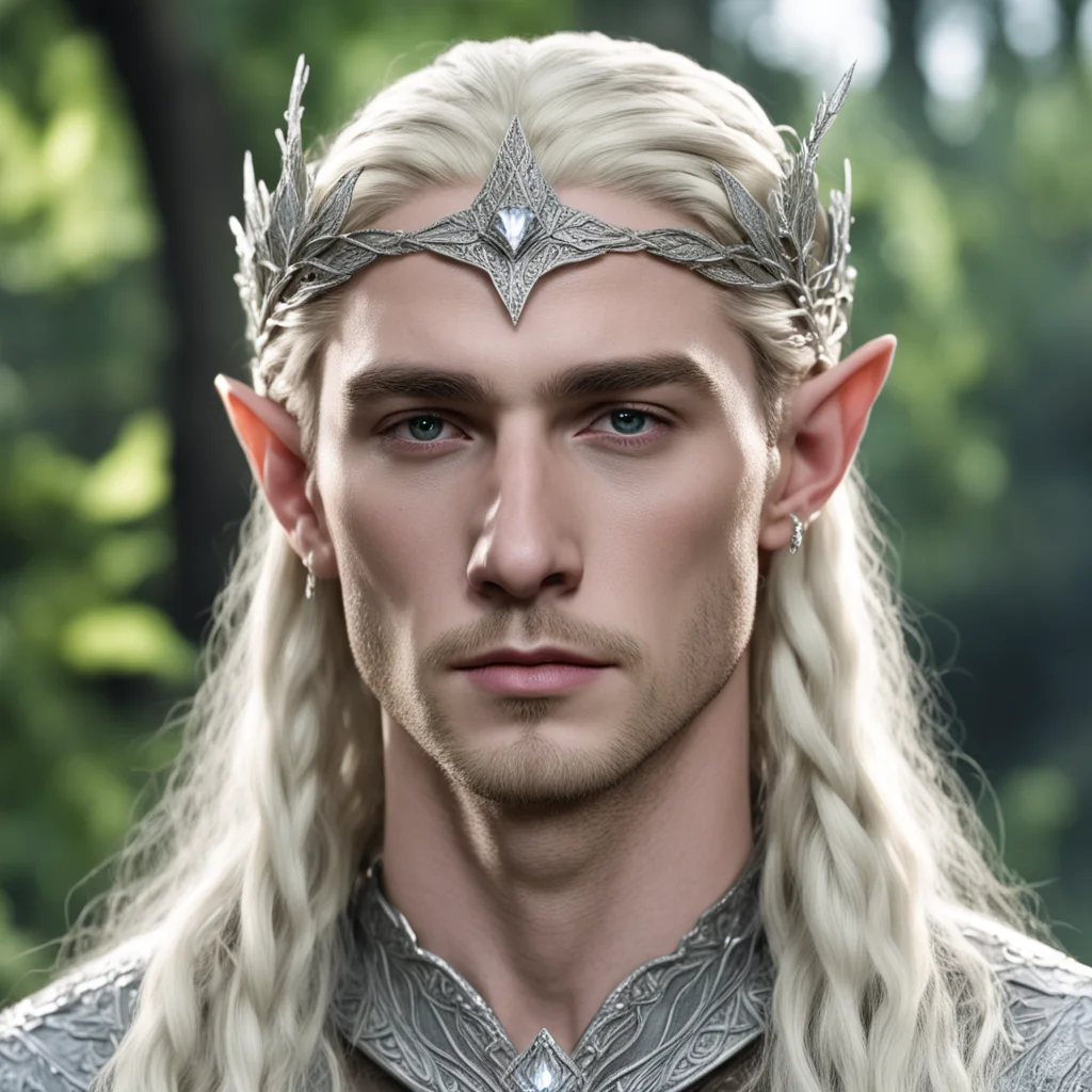 king thranduil with blond hair and braids wearing silver poplar leaf elvish circlet encrusted with diamonds with large center diamond  amazing awesome portrait 2