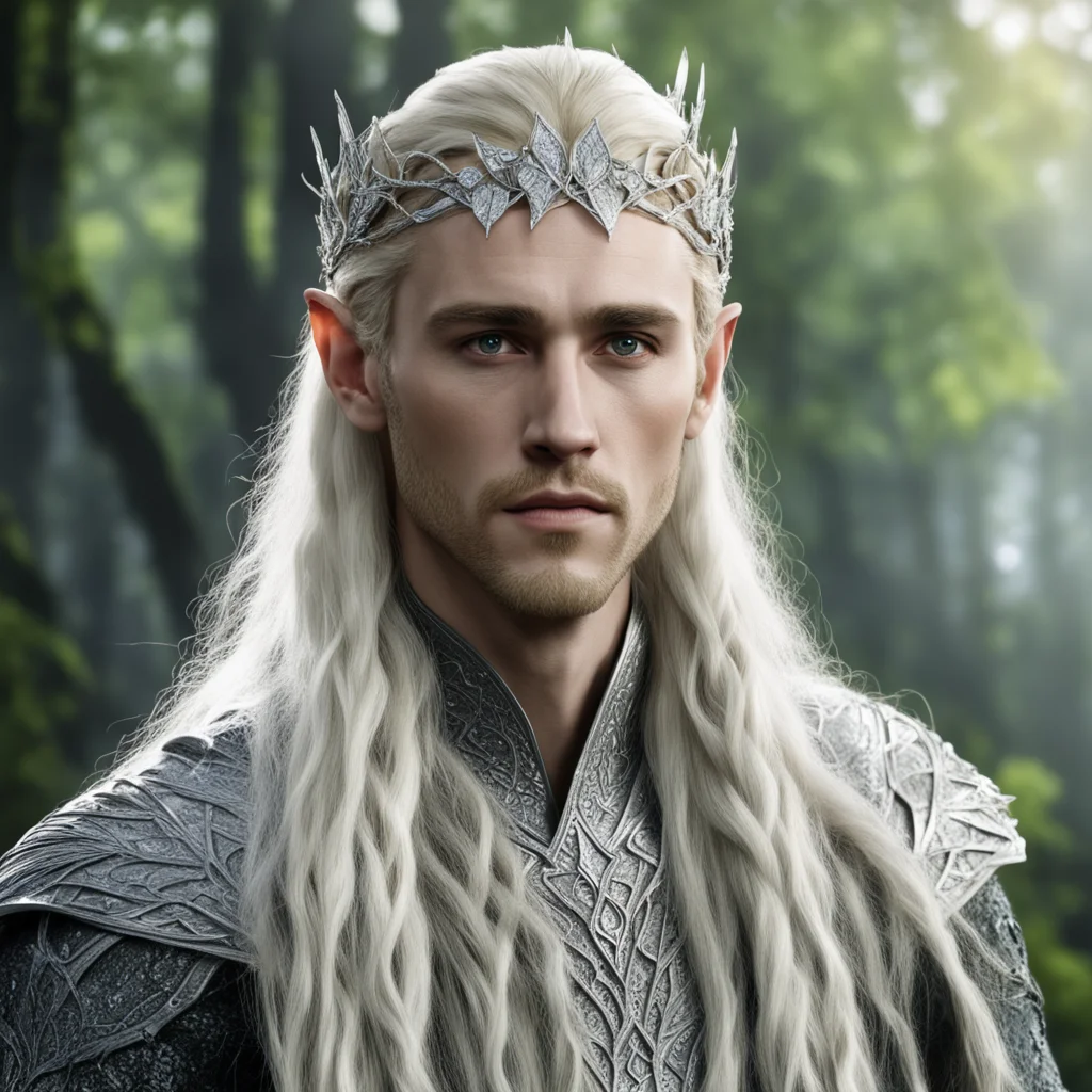 king thranduil with blond hair and braids wearing silver poplar leaf elvish circlet encrusted with diamonds with large center diamond  confident engaging wow artstation art 3
