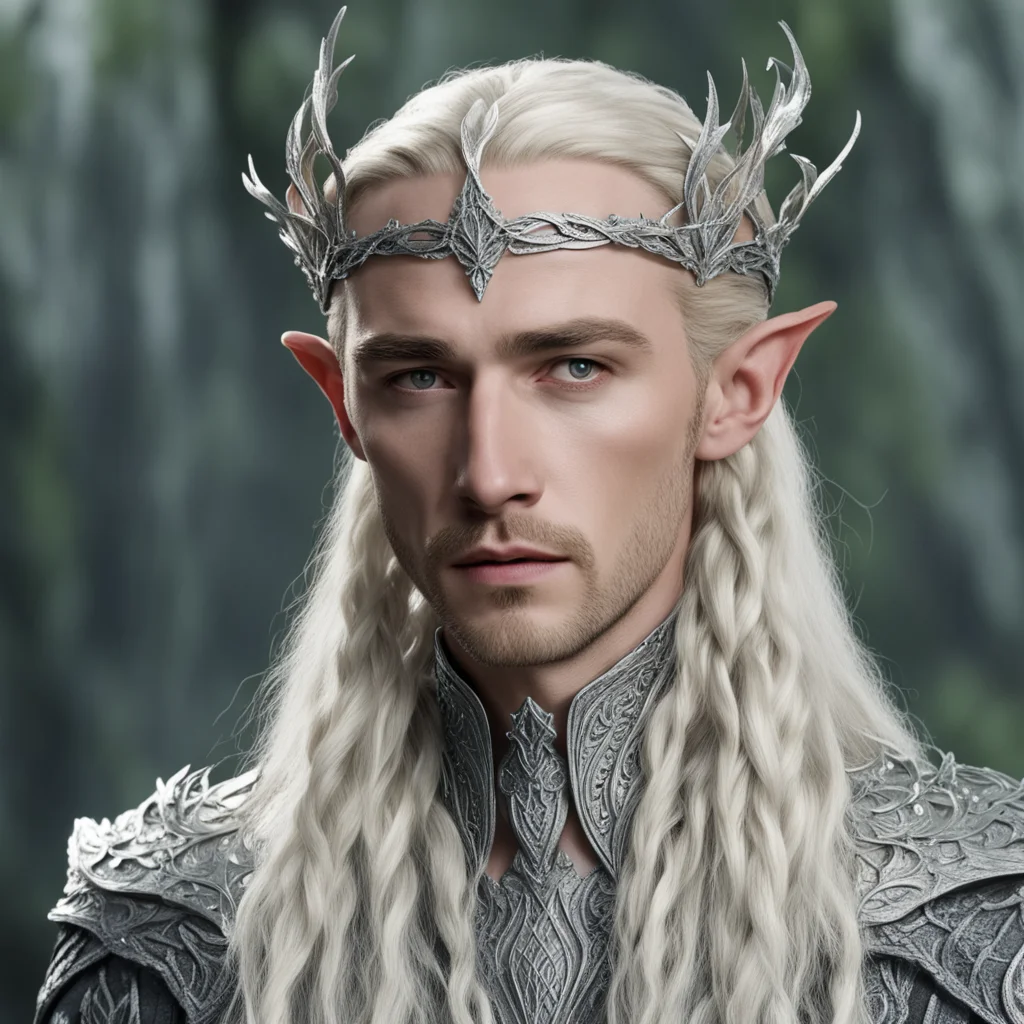 king thranduil with blond hair and braids wearing silver poplar leaf elvish circlet encrusted with diamonds with large center diamond amazing awesome portrait 2