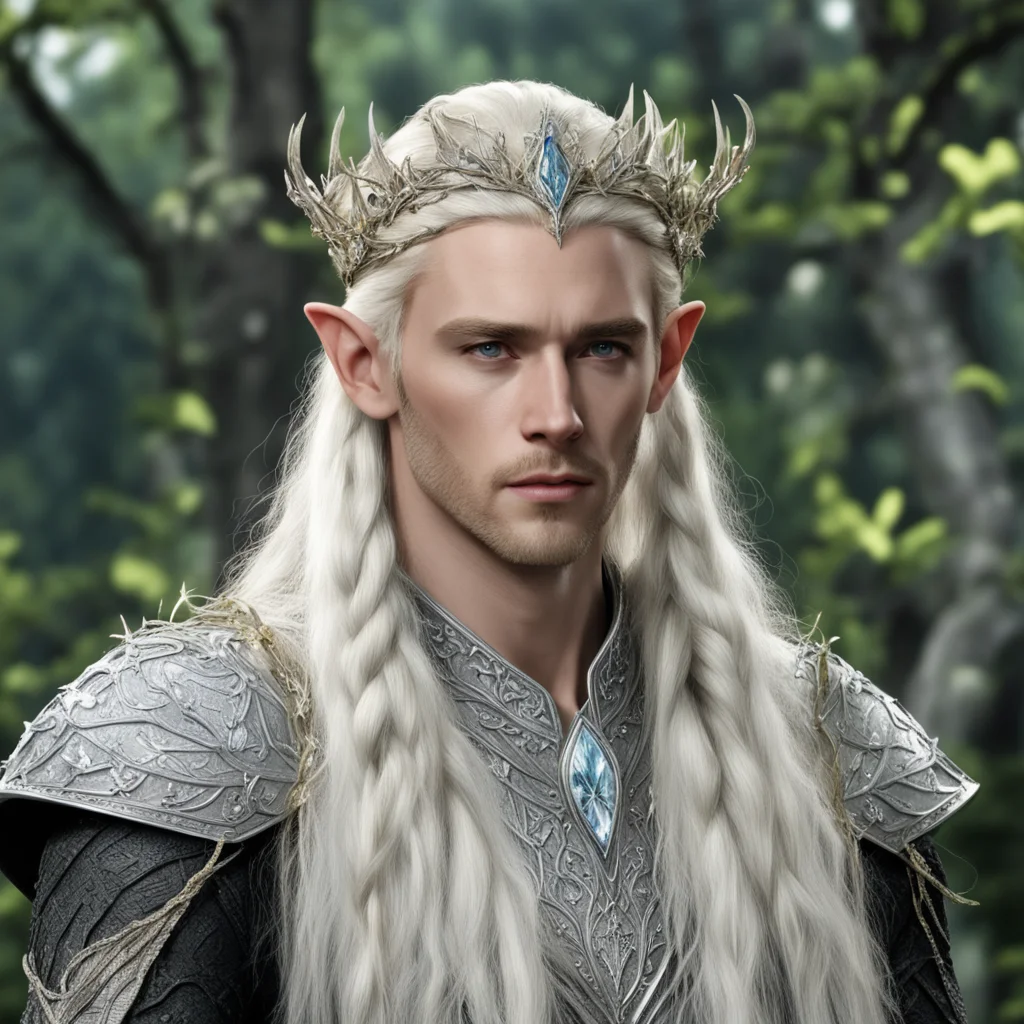 king thranduil with blond hair and braids wearing silver poplar leaf elvish circlet encrusted with diamonds with large center diamond confident engaging wow artstation art 3