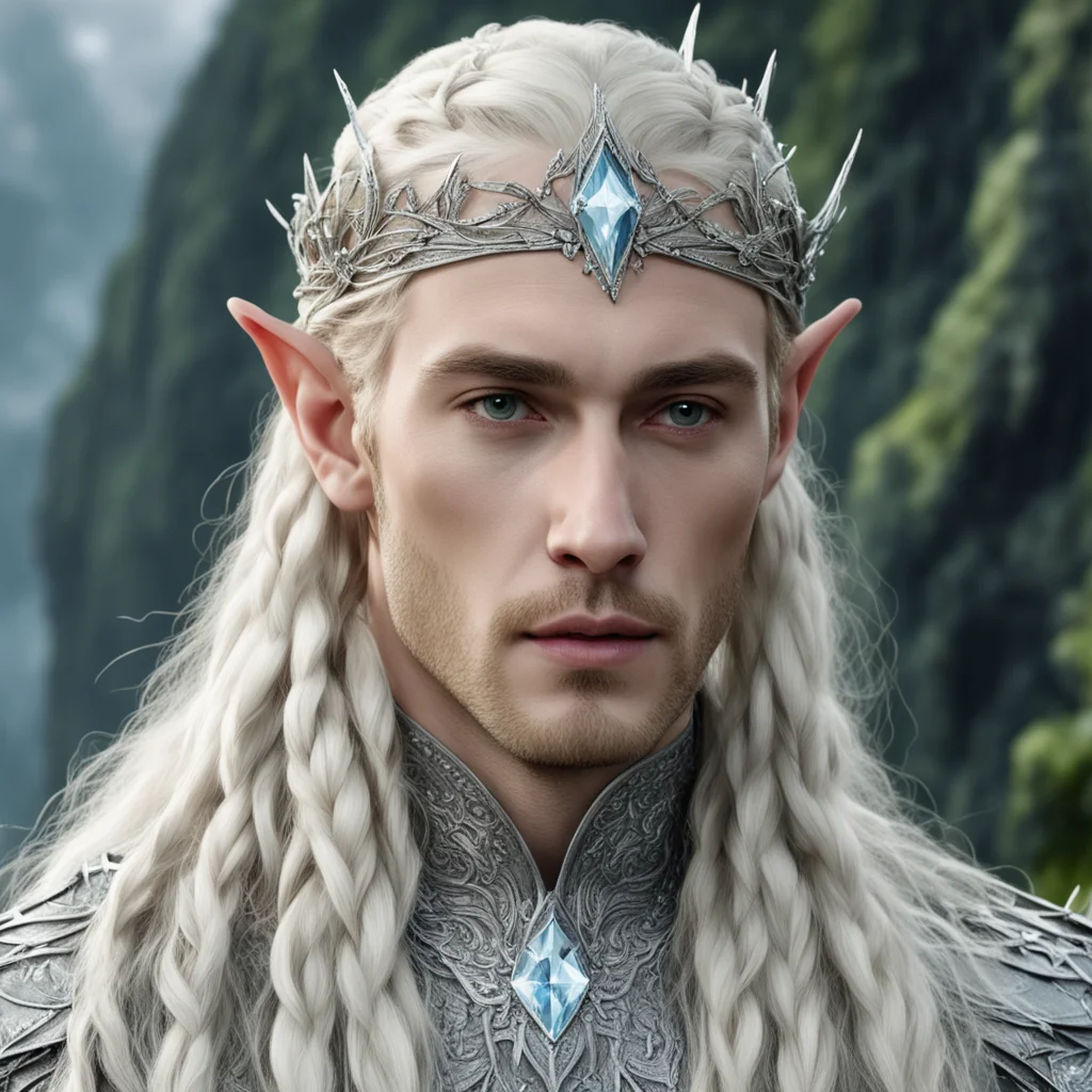 king thranduil with blond hair and braids wearing silver poplar leaf elvish circlet encrusted with diamonds with large center diamond good looking trending fantastic 1