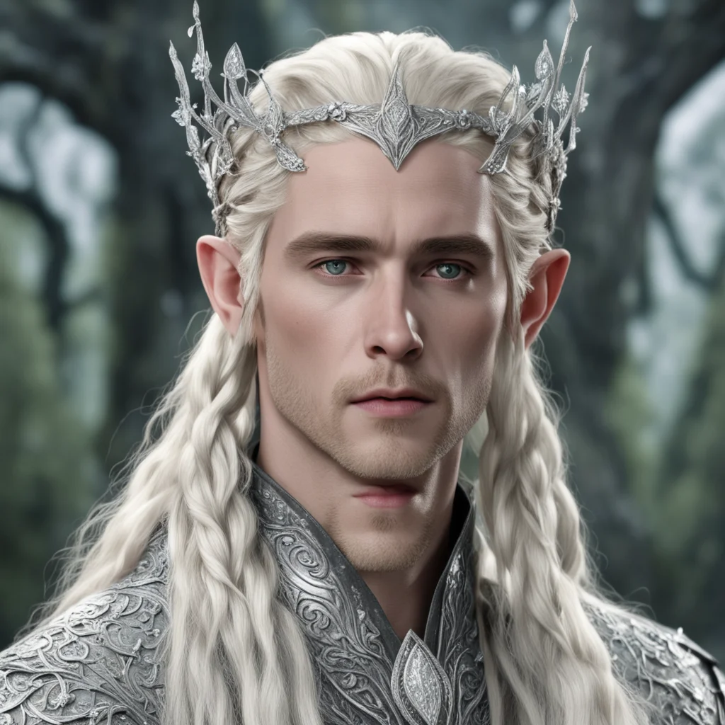 aiking thranduil with blond hair and braids wearing silver rose blossoms silver elvish circlet encrusted with diamonds with large center diamond confident engaging wow artstation art 3