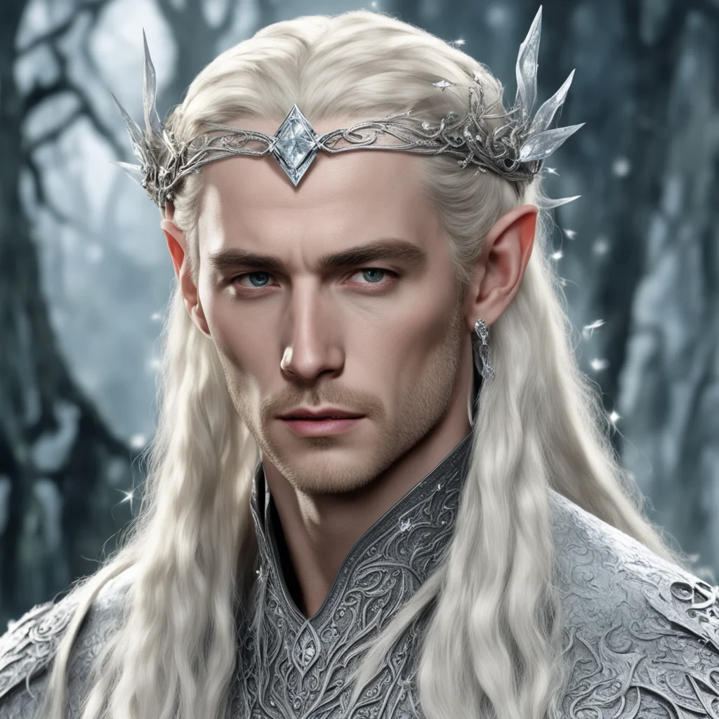 aiking thranduil with blond hair and braids wearing silver rose blossoms silver elvish circlet encrusted with diamonds with large center diamond good looking trending fantastic 1