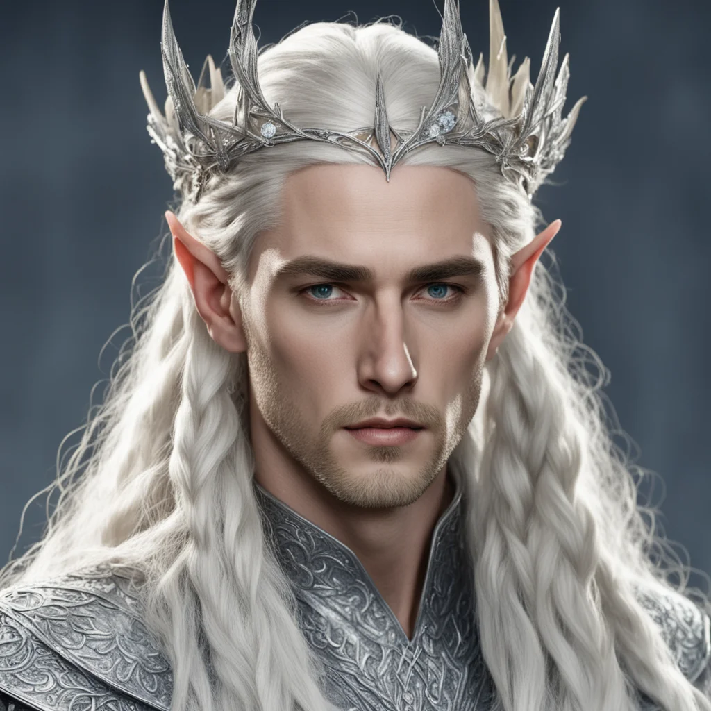 king thranduil with blond hair and braids wearing silver rose petals silver elvish circlet encrusted with diamonds with large center diamond  amazing awesome portrait 2