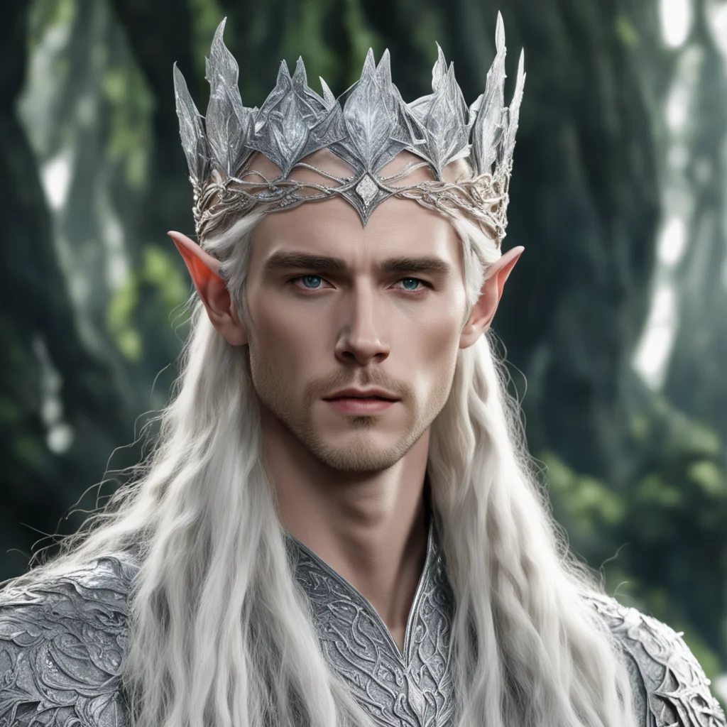 king thranduil with blond hair and braids wearing silver rose petals silver elvish circlet encrusted with diamonds with large center diamond  confident engaging wow artstation art 3