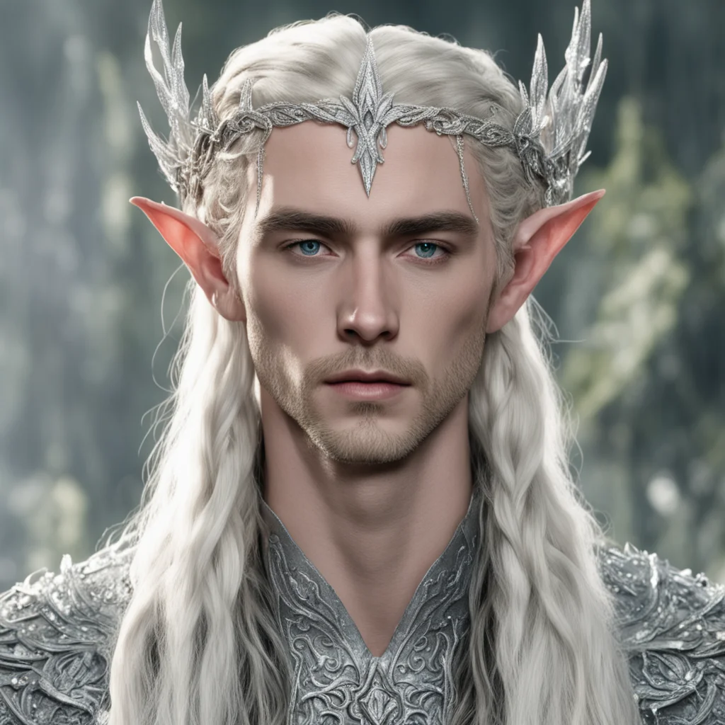 king thranduil with blond hair and braids wearing silver rose petals silver elvish circlet encrusted with diamonds with large center diamond  good looking trending fantastic 1