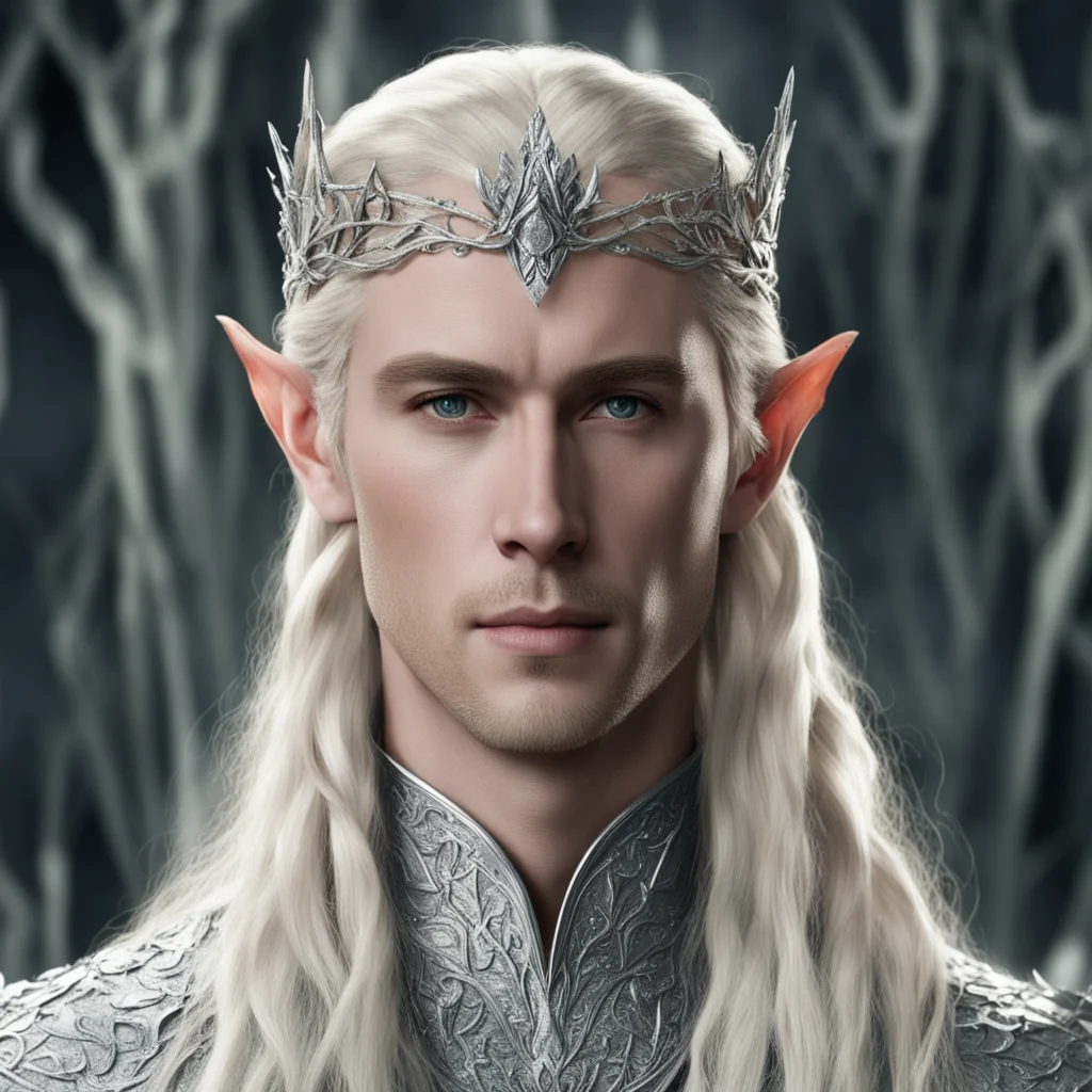 king thranduil with blond hair and braids wearing silver rose petals silver elvish circlet encrusted with diamonds with large center diamond 
