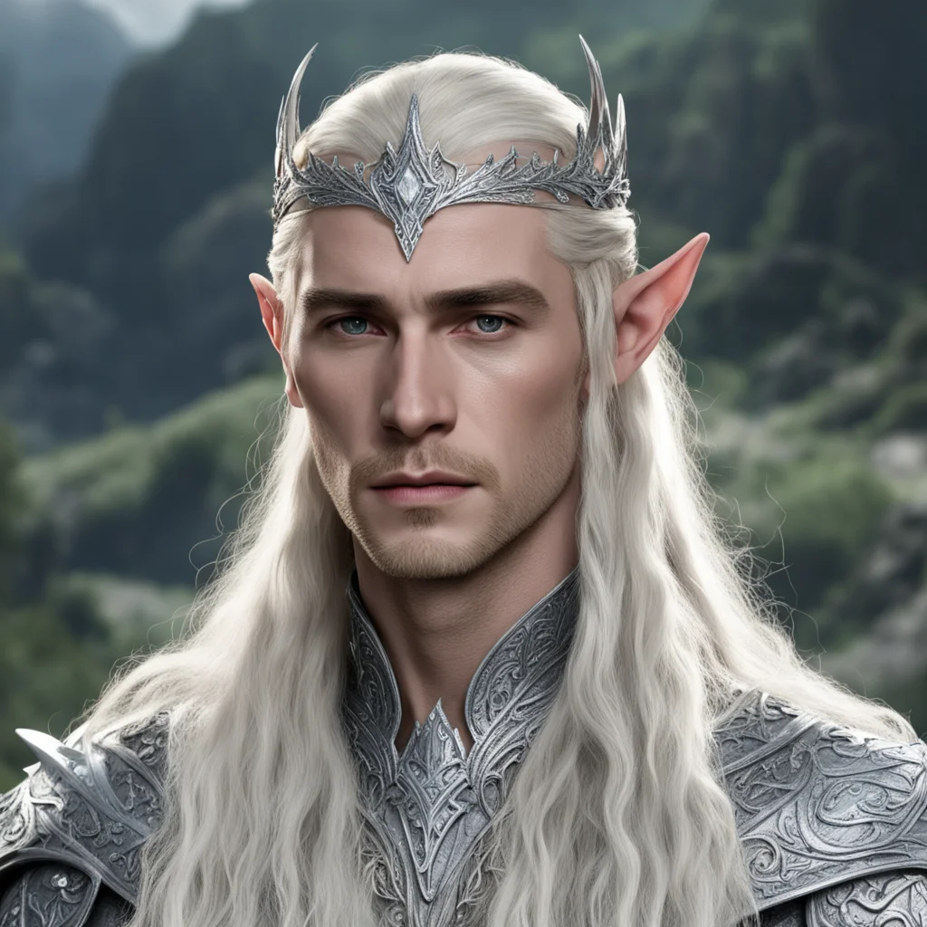 king thranduil with blond hair and braids wearing silver rose silver elvish circlet encrusted with diamonds with large center diamond amazing awesome portrait 2