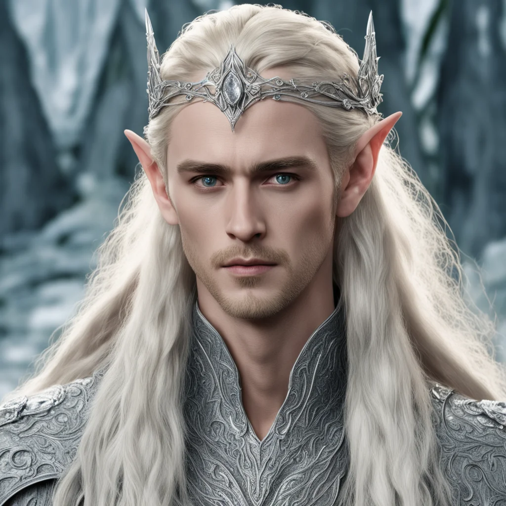 aiking thranduil with blond hair and braids wearing silver rose silver elvish circlet encrusted with diamonds with large center diamond confident engaging wow artstation art 3