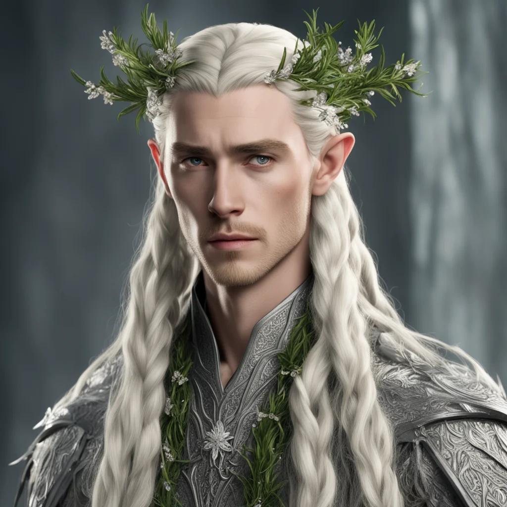 king thranduil with blond hair and braids wearing silver rosemary branches with diamond flowers in hair amazing awesome portrait 2