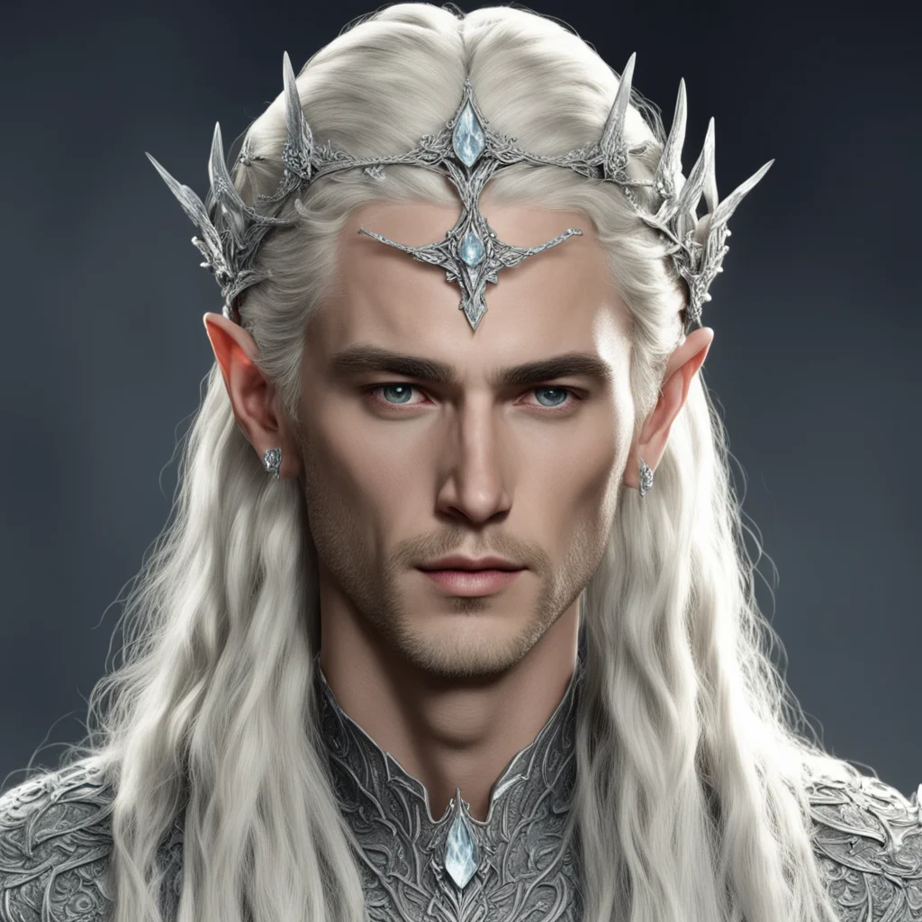 aiking thranduil with blond hair and braids wearing silver roses encrusted with diamonds to form a silver elvish circlet with large center diamond amazing awesome portrait 2