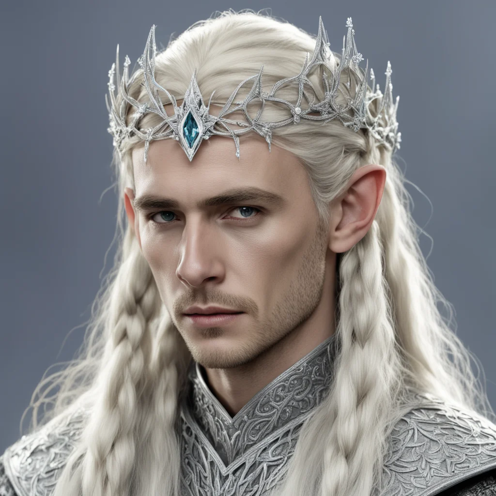 king thranduil with blond hair and braids wearing silver rosettes encrusted with diamonds to form silver elvish circlet with large center diamond  good looking trending fantastic 1