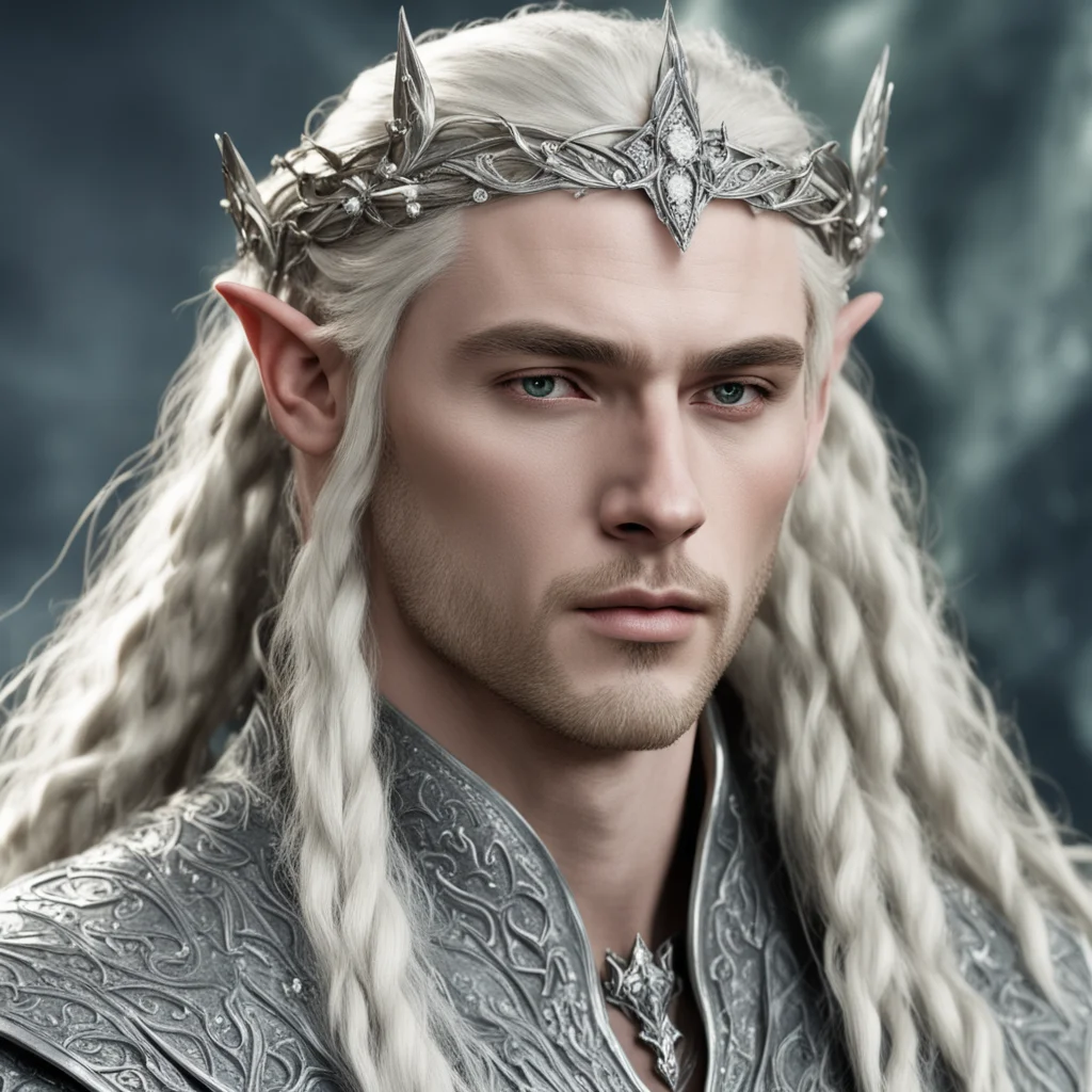 king thranduil with blond hair and braids wearing silver rosettes silver elvish circlet encrusted with diamonds  confident engaging wow artstation art 3