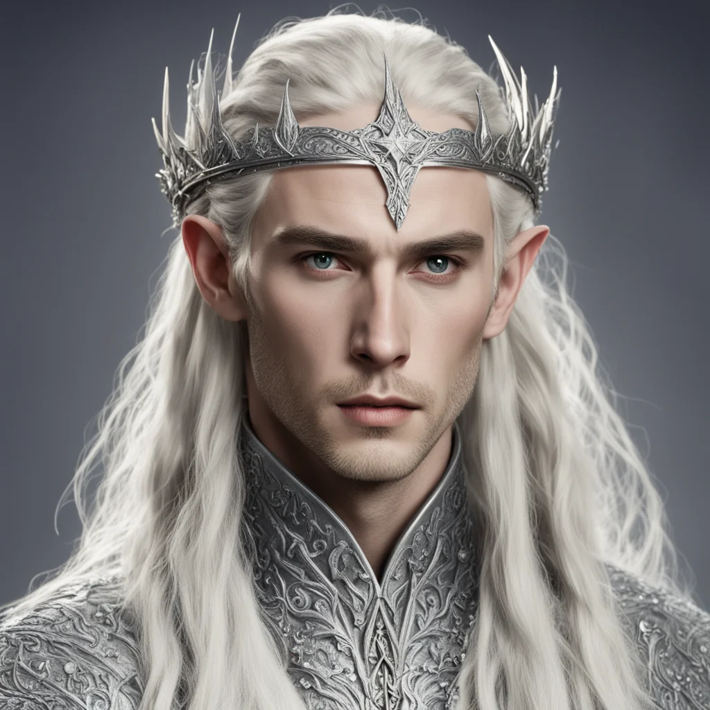 king thranduil with blond hair and braids wearing silver rosettes studded with diamonds on silver elvish circlet confident engaging wow artstation art 3
