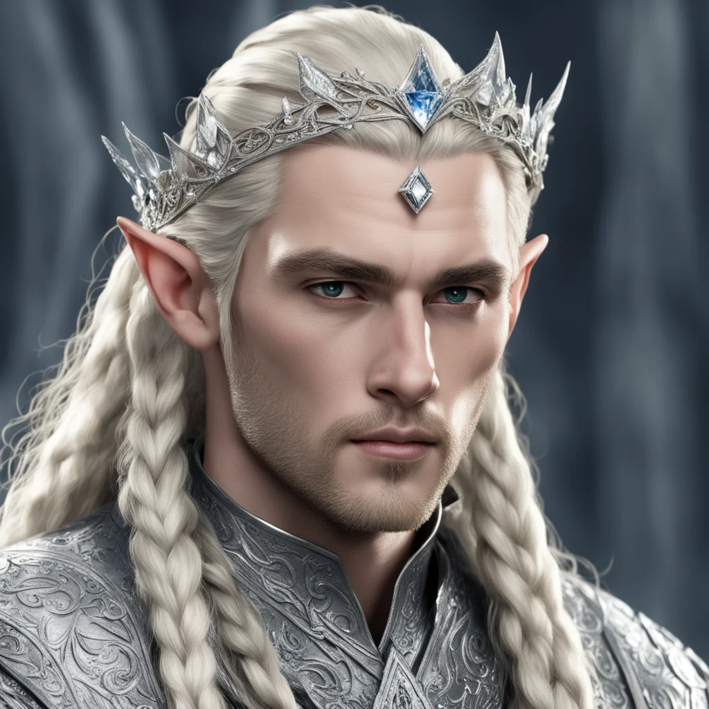 king thranduil with blond hair and braids wearing silver rosettes with diamonds silver elvish circlet encrusted with diamonds with large center diamond  confident engaging wow artstation art 3