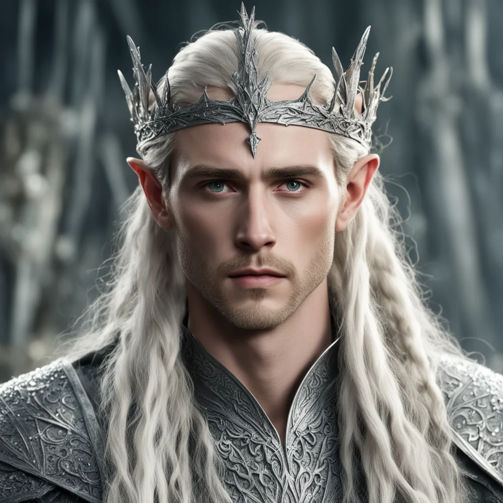 king thranduil with blond hair and braids wearing silver rustic elvish crown encrusted with diamonds confident engaging wow artstation art 3