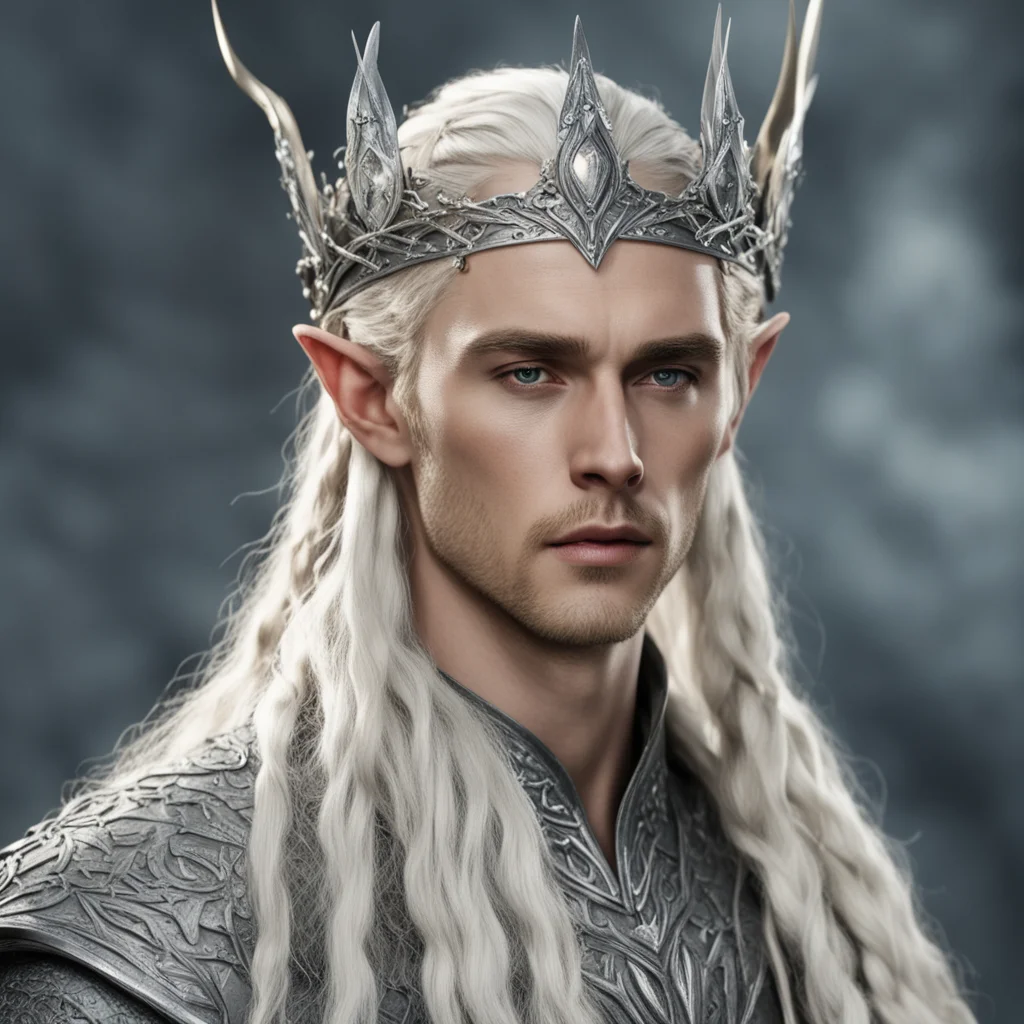 king thranduil with blond hair and braids wearing silver rustic elvish crown encrusted with diamonds