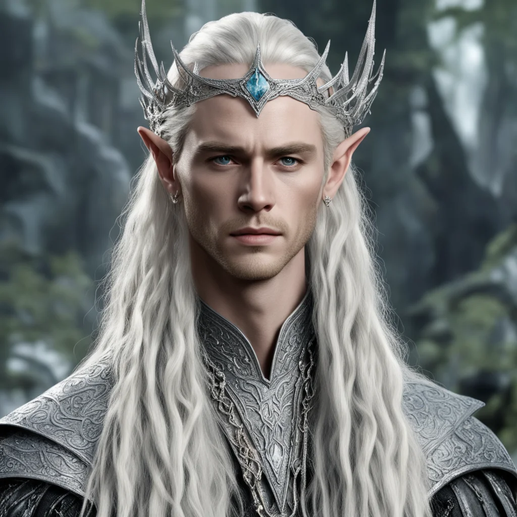 king thranduil with blond hair and braids wearing silver serpentine chain elvish circlet encrusted with diamonds with large center diamond amazing awesome portrait 2