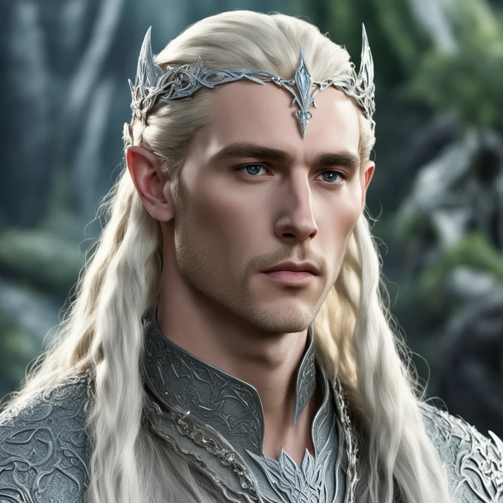 king thranduil with blond hair and braids wearing silver serpentine chain elvish circlet encrusted with diamonds with large center diamond confident engaging wow artstation art 3