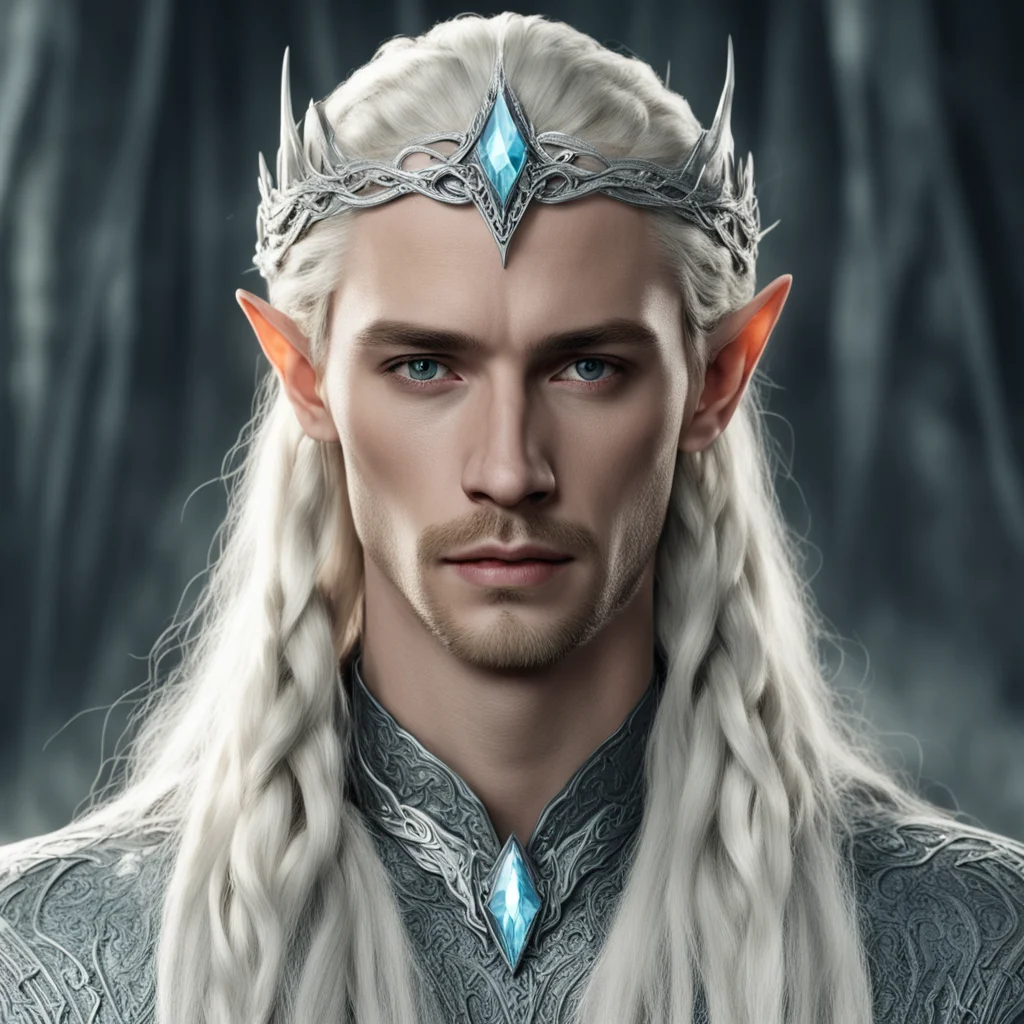 king thranduil with blond hair and braids wearing silver serpentine chain elvish circlet encrusted with diamonds with large center diamond good looking trending fantastic 1