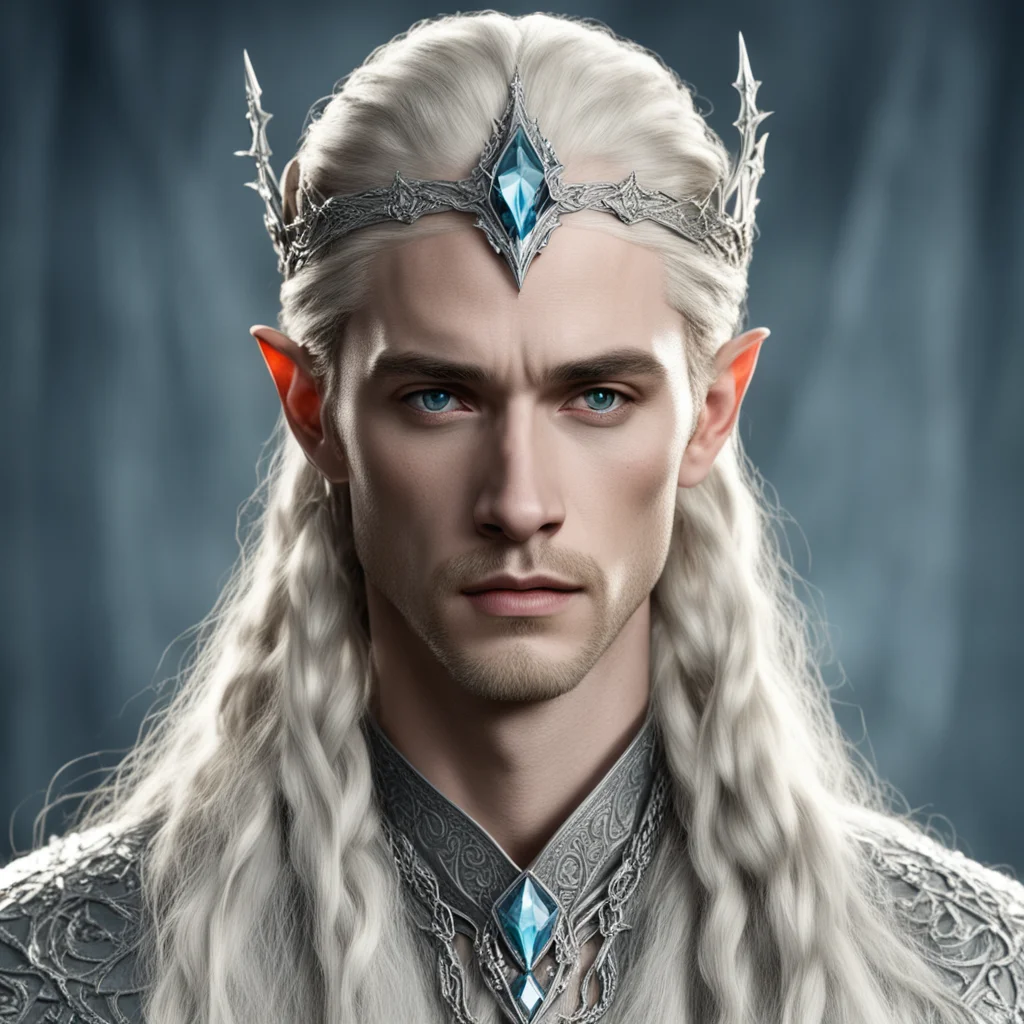 king thranduil with blond hair and braids wearing silver serpentine chain elvish circlet encrusted with diamonds with large center diamond