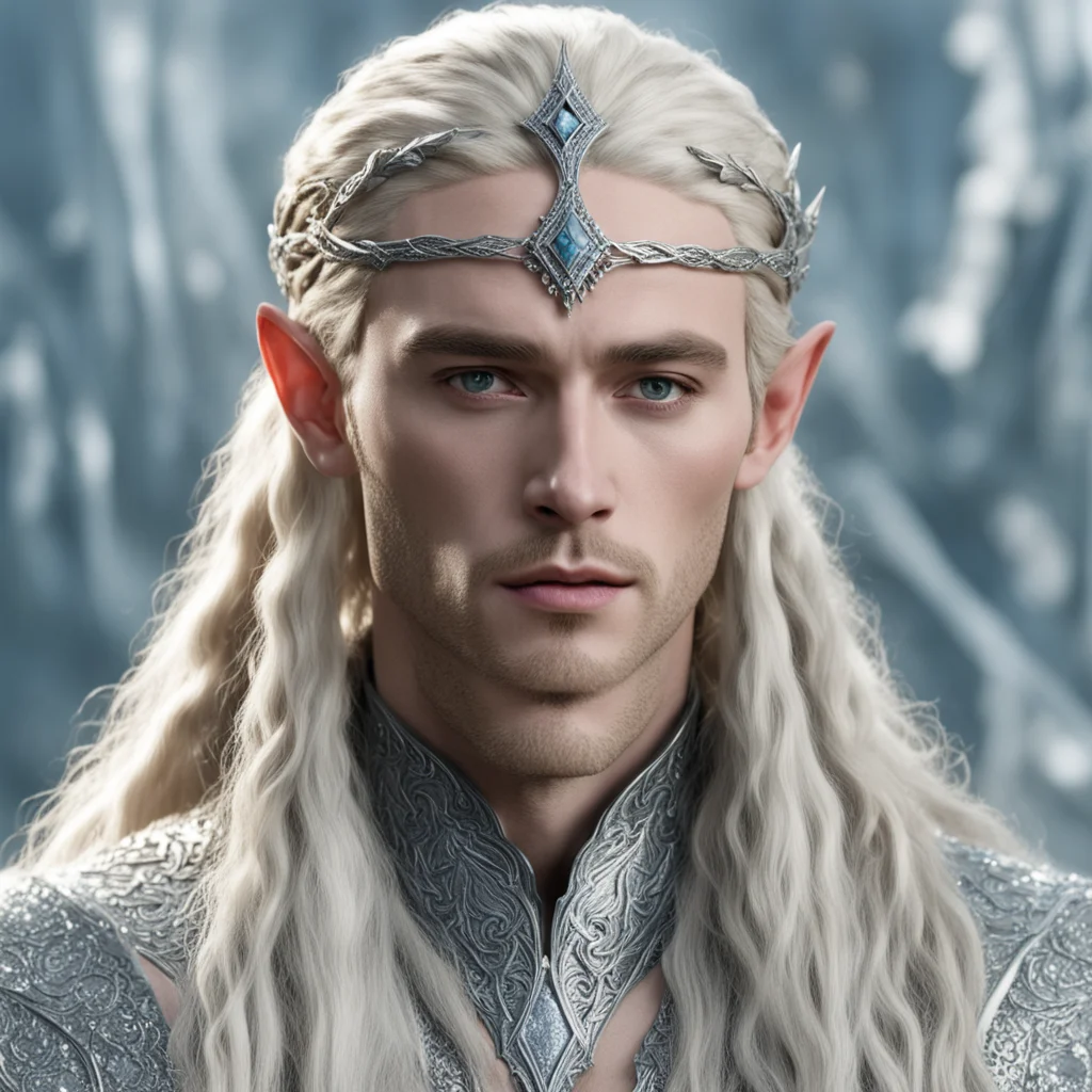 king thranduil with blond hair and braids wearing silver serpentine circlet encrusted with diamonds with large center diamond good looking trending fantastic 1