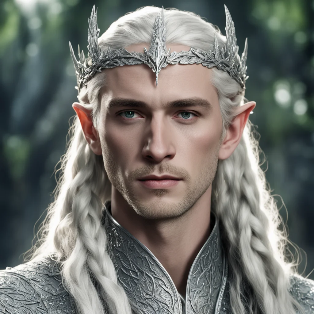 king thranduil with blond hair and braids wearing silver serpentine elvish circlet comprised of small silver leaves encrusted with diamonds with large center diamond  amazing awesome portrait 2