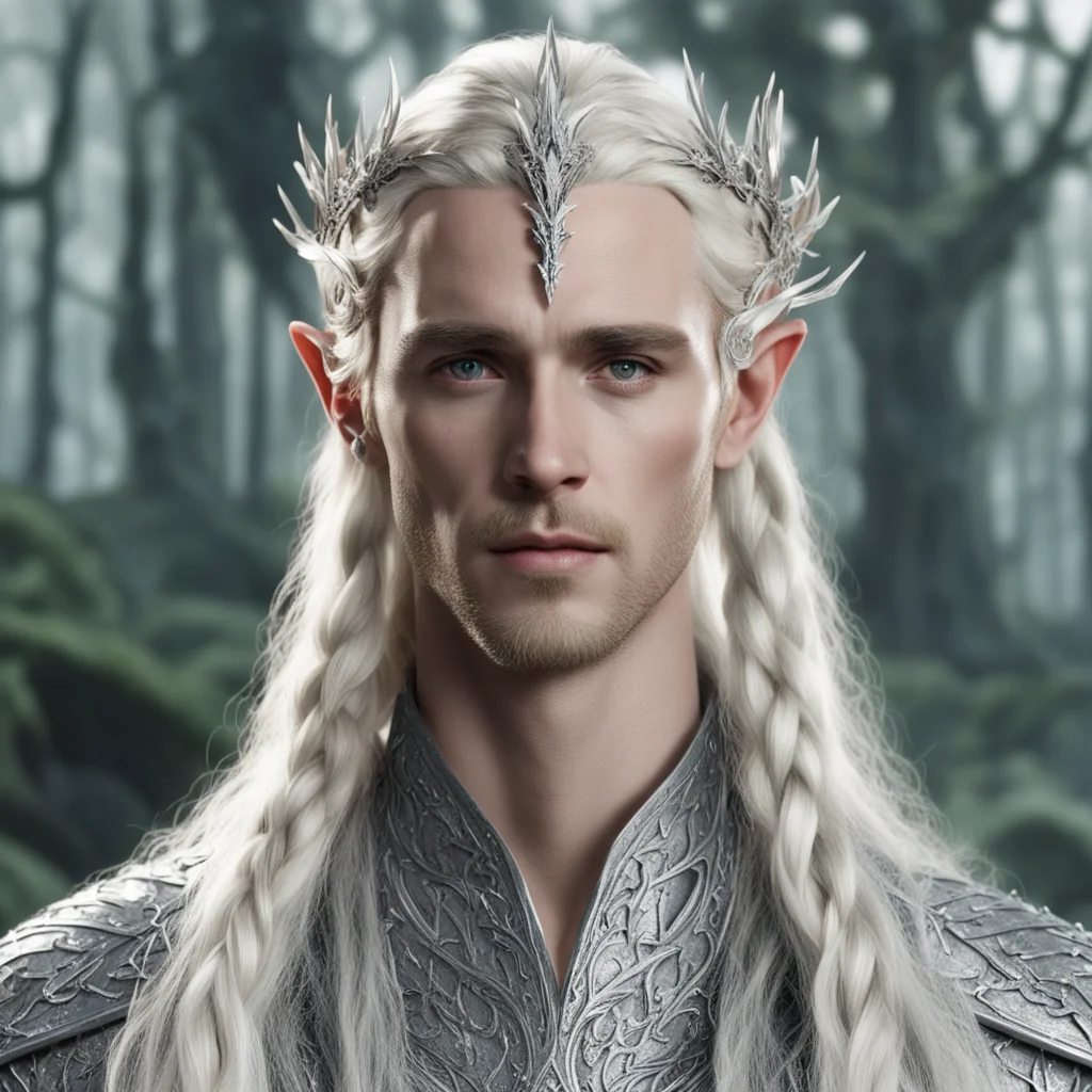 king thranduil with blond hair and braids wearing silver serpentine elvish circlet comprised of small silver leaves encrusted with diamonds with large center diamond 