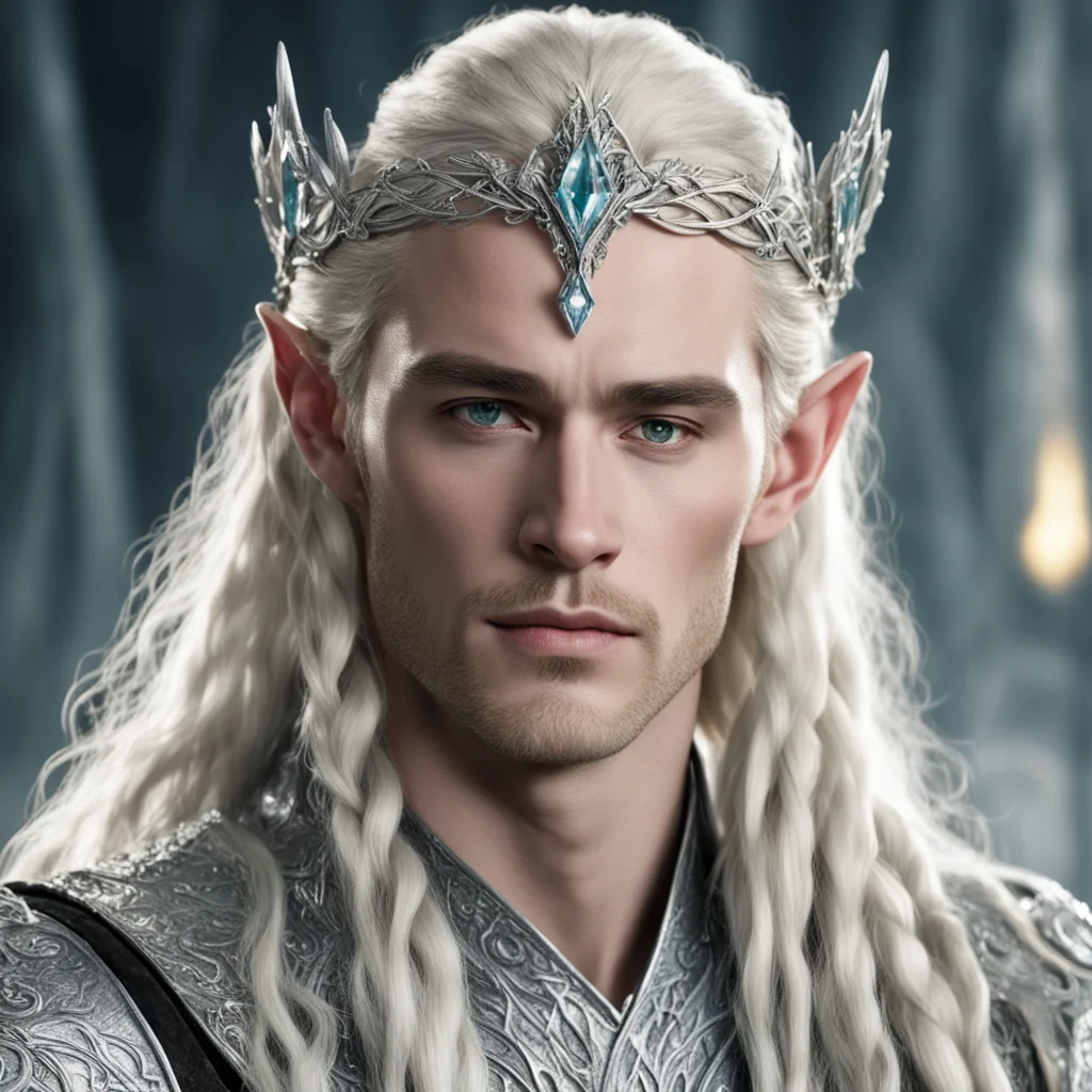 aiking thranduil with blond hair and braids wearing silver serpentine elvish circlet encrusted with diamonds with large center diamond  amazing awesome portrait 2