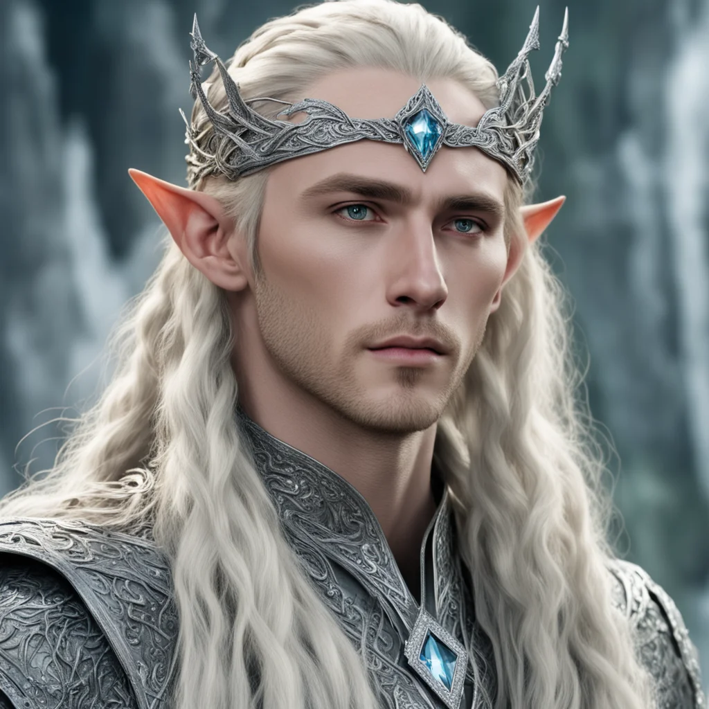 aiking thranduil with blond hair and braids wearing silver serpentine elvish circlet encrusted with diamonds with large center diamond  good looking trending fantastic 1