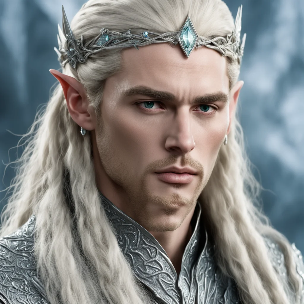 king thranduil with blond hair and braids wearing silver serpentine elvish circlet encrusted with diamonds with large center diamond good looking trending fantastic 1