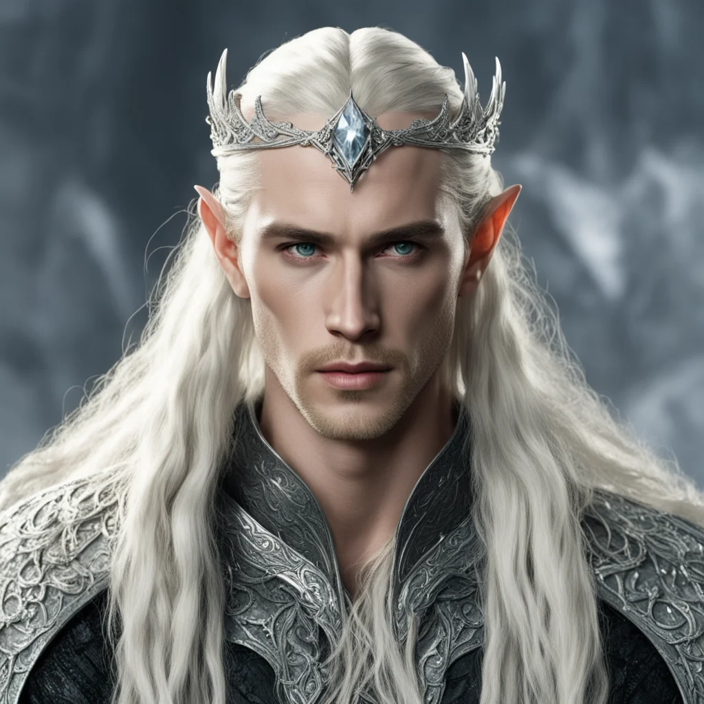 aiking thranduil with blond hair and braids wearing silver serpentine elvish circlet encrusted with diamonds with large center diamond