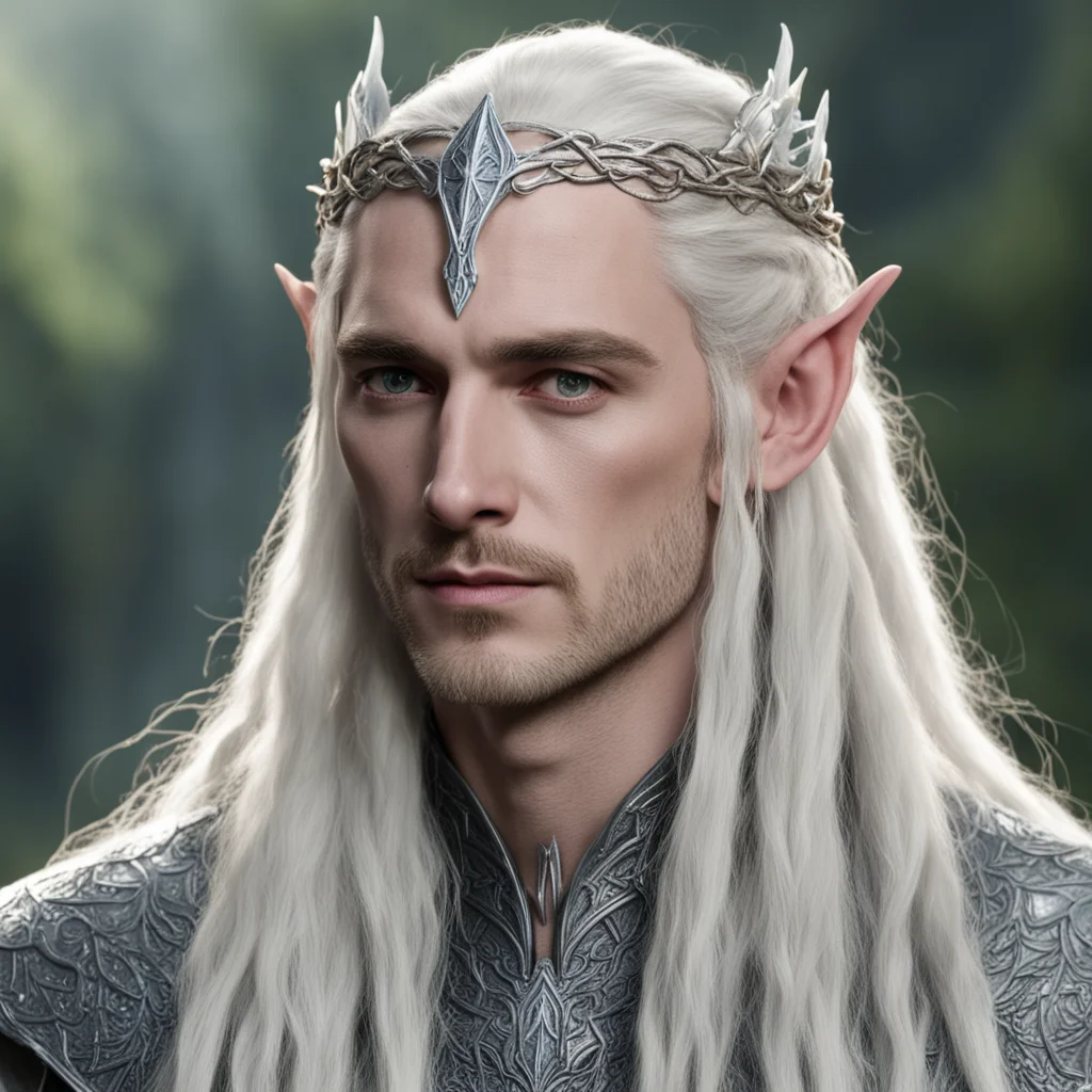 king thranduil with blond hair and braids wearing silver serpentine elvish circlet with diamond rosettes  confident engaging wow artstation art 3