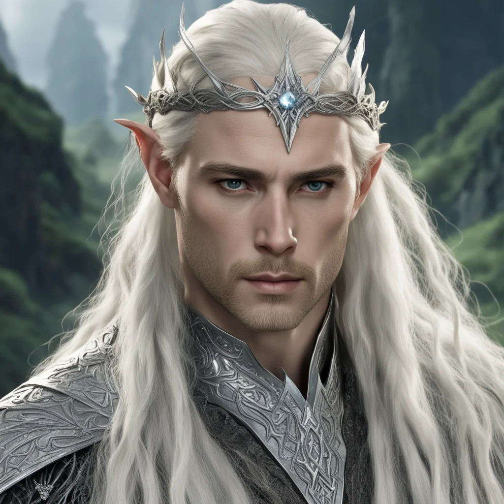 aiking thranduil with blond hair and braids wearing silver serpentine elvish circlet with diamonds with large center diamond good looking trending fantastic 1
