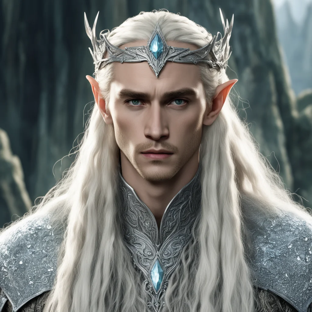 king thranduil with blond hair and braids wearing silver serpentine sindarin elvish circlet encrusted with diamonds with large center diamond confident engaging wow artstation art 3