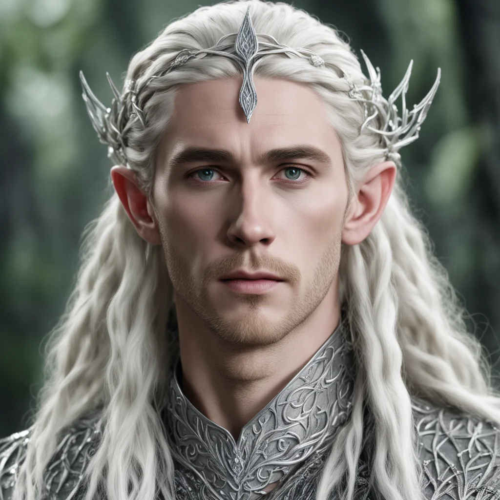 king thranduil with blond hair and braids wearing silver serpentine vines encrusted with diamonds intertwined to form a silver elvish circlet with large center diamond 