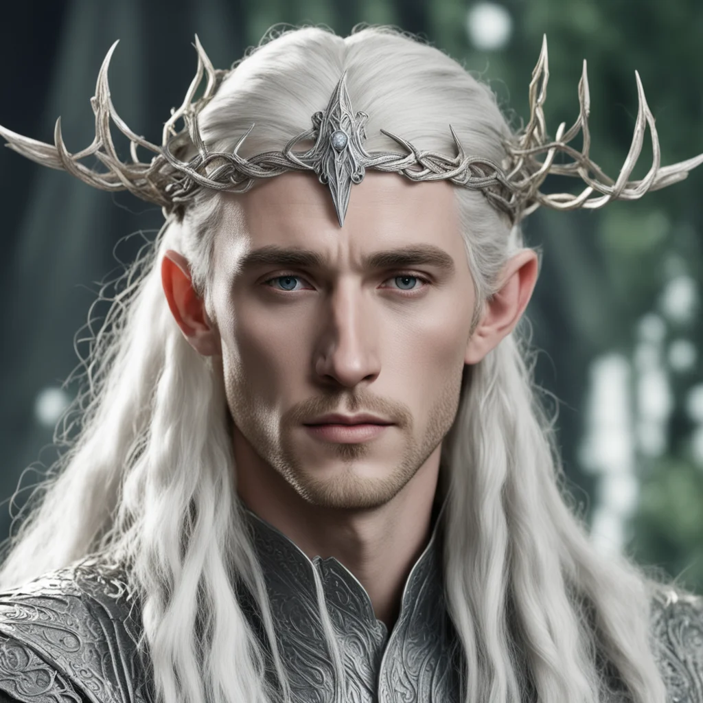 king thranduil with blond hair and braids wearing silver serpentine vines intertwined to make a small silver elvish circlet with center diamond confident engaging wow artstation art 3