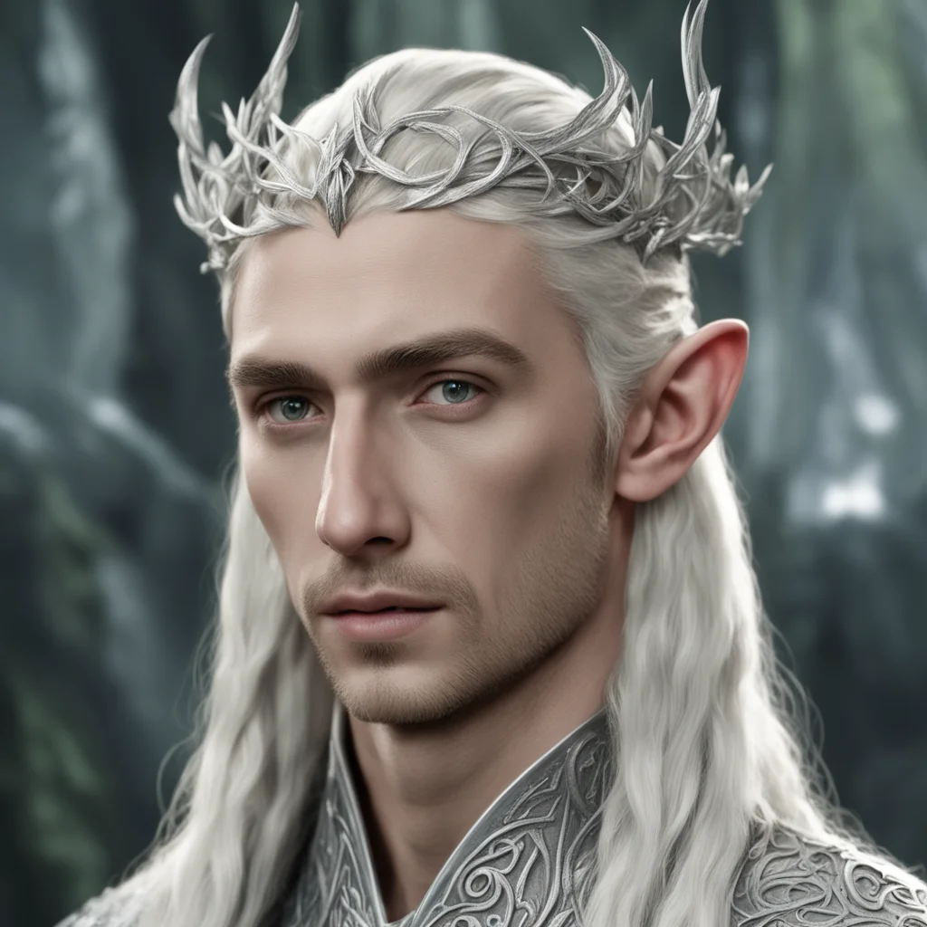 king thranduil with blond hair and braids wearing silver serpentine vines intertwined to make a small silver elvish circlet with center diamond