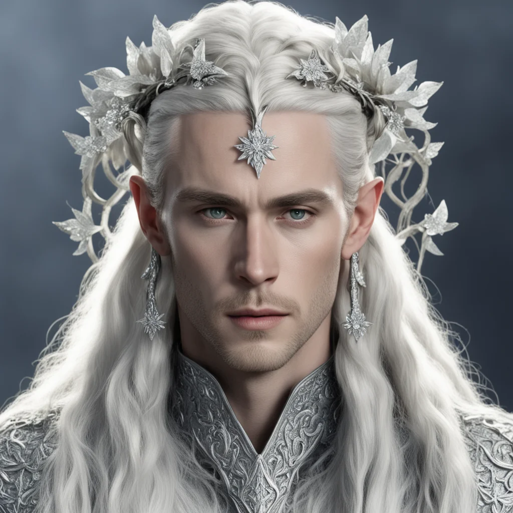 king thranduil with blond hair and braids wearing silver serpentine vines with large silver flowers encrusted with diamonds to form a silver elvish circlet with large center diamond