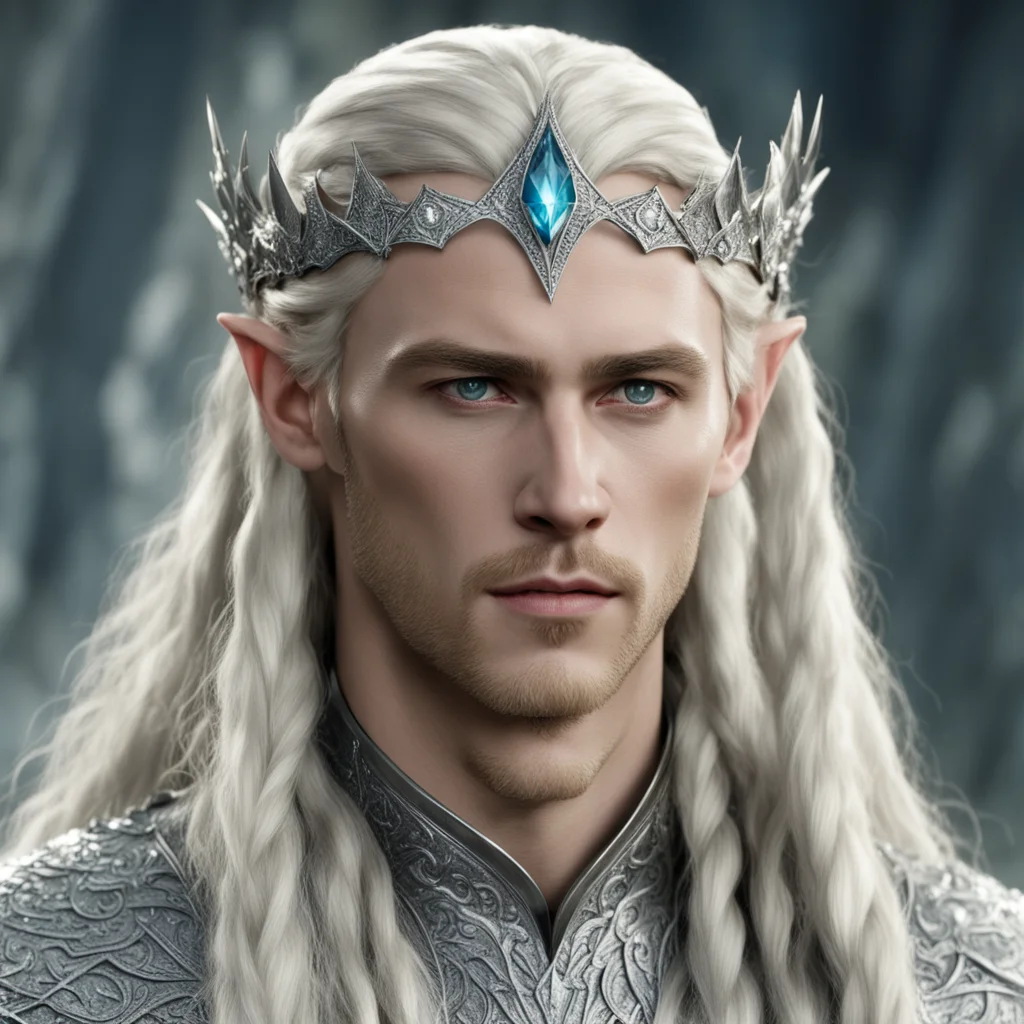 king thranduil with blond hair and braids wearing silver silvan elvish circlet encrusted with diamonds with larger center diamond amazing awesome portrait 2