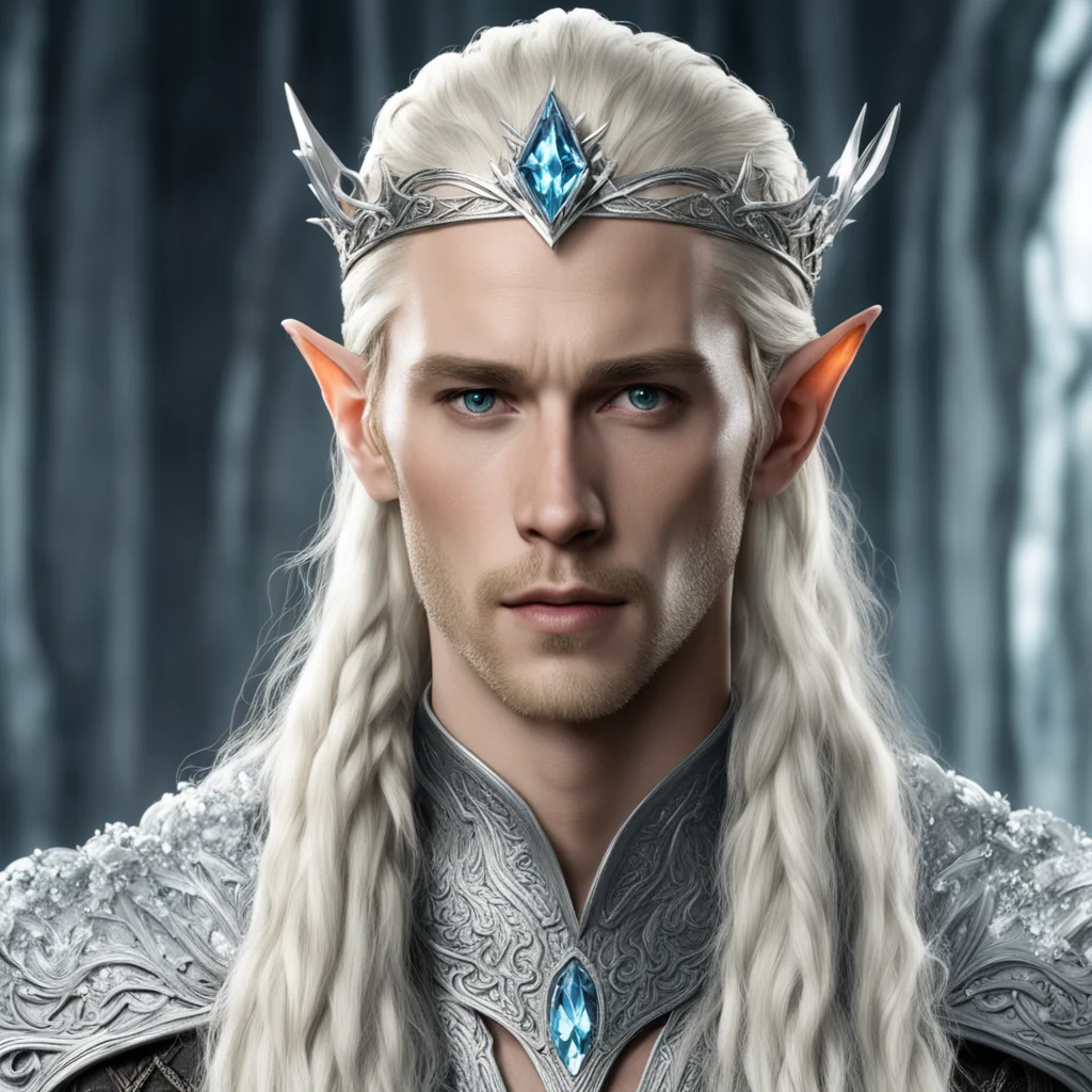 king thranduil with blond hair and braids wearing silver silvan elvish circlet encrusted with diamonds with larger center diamond confident engaging wow artstation art 3