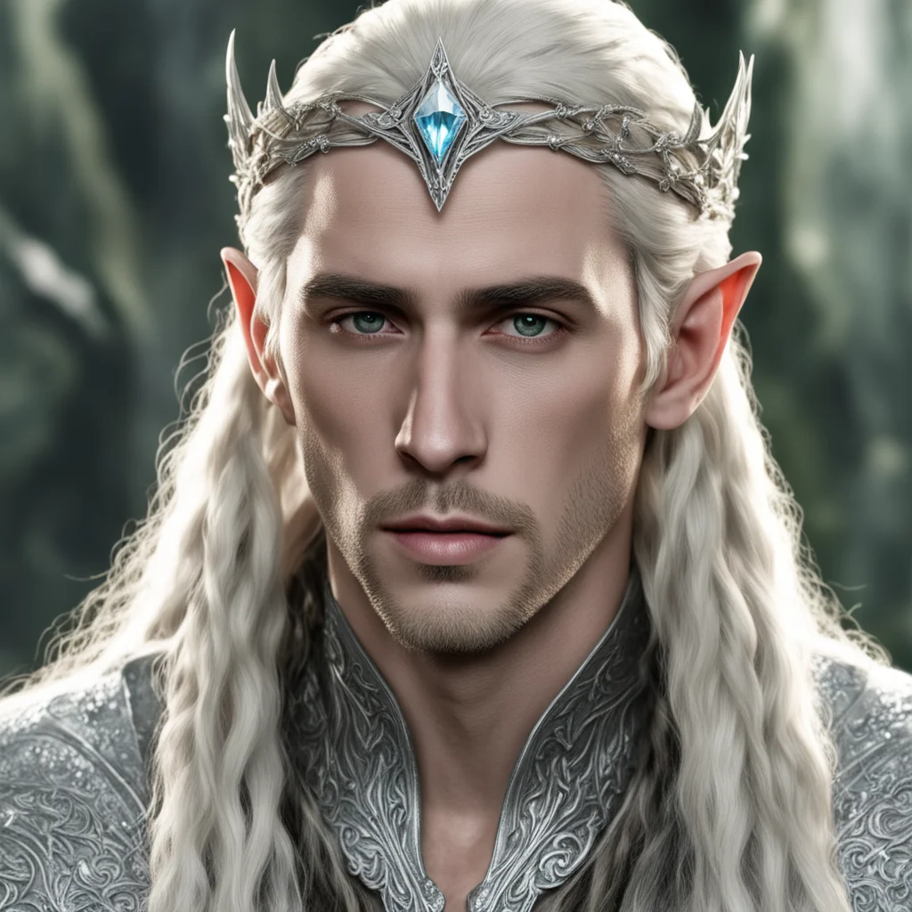 king thranduil with blond hair and braids wearing silver silvan elvish circlet encrusted with diamonds with larger center diamond