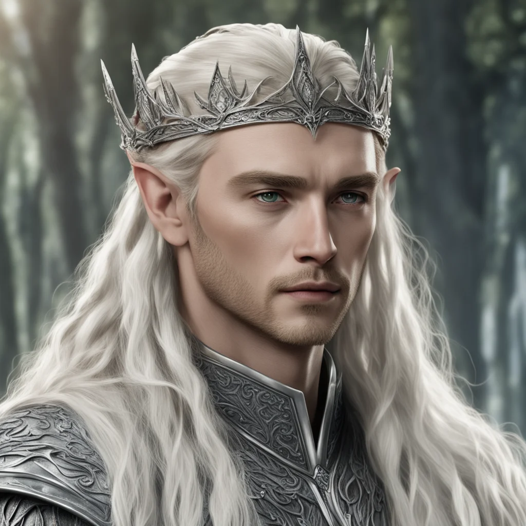 king thranduil with blond hair and braids wearing silver sindaran elvish crown embellished with diamonds amazing awesome portrait 2