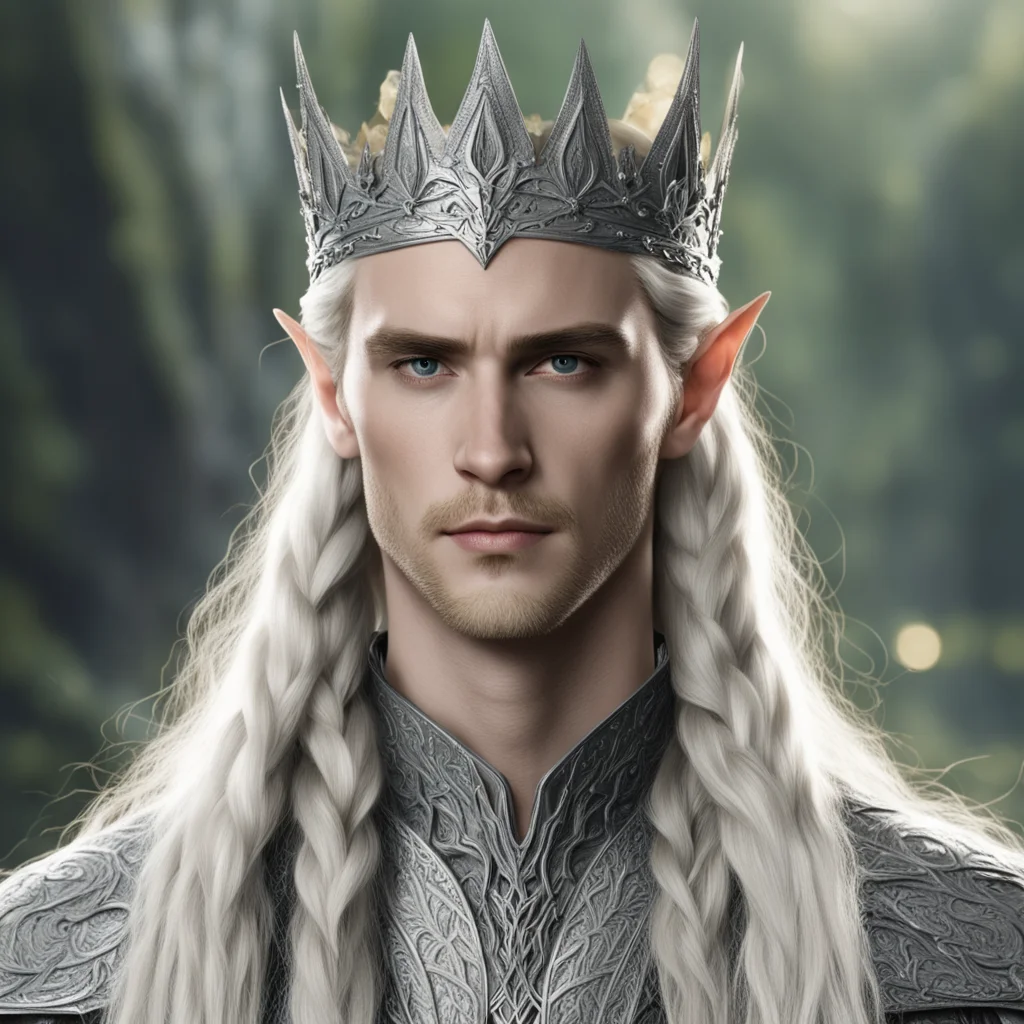 king thranduil with blond hair and braids wearing silver sindaran elvish crown embellished with diamonds confident engaging wow artstation art 3